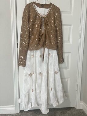 New with tag Brown Sequin jacket with long white gown